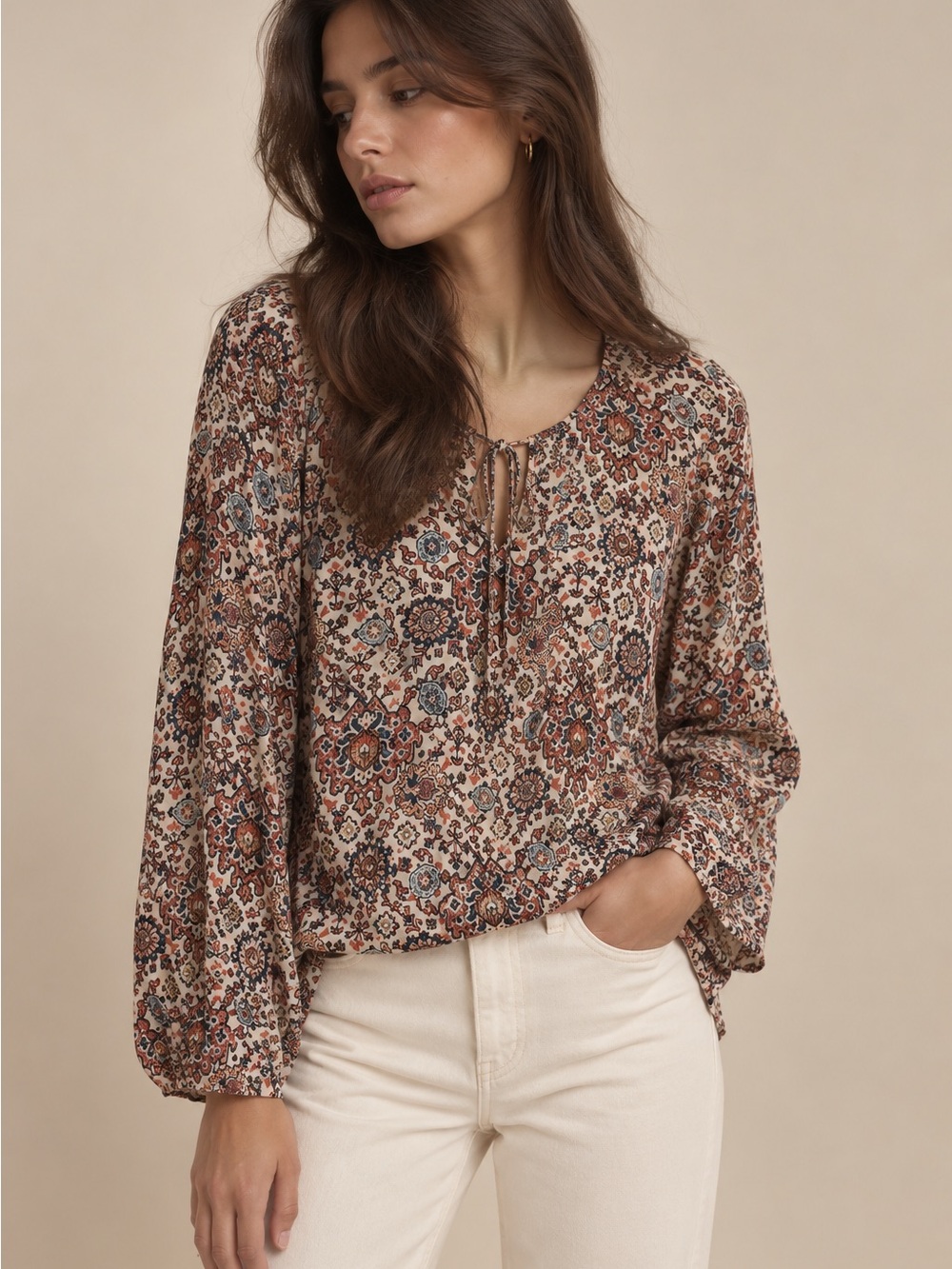 Boho Floral Tie-Neck Peasant Blouse — Brown Multi